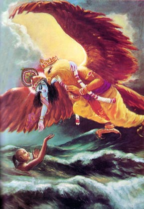Кришна, летящий на спине Гаруды, спасает преданного из Океана Рождений и Смертей