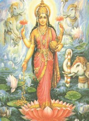 Лакшми, богиня процветания, красоты и молодости, проливает дождь милости