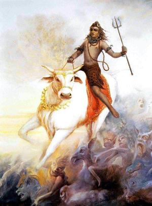 Господь Шива, восседая на быке, путешествует по миру, окруженный привидениями, которые следует за ним ради собственного блага